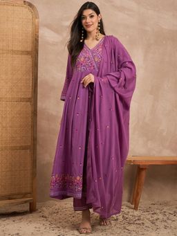 CHETI - Women Purple Floral Thread Work Anarkali Kurta with Pant and Dupatta