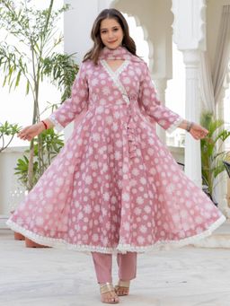 ESTELA - Women Pink Floral Printed Angarkha Kurta with Pant and Dupatta