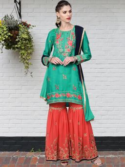 Chhabra 555 - Women Teal Floral Embroidered Kurta with Sharara and Dupatta