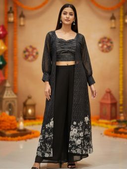 Chhabra 555 - Women Black Floral Sequined Work Crop-Top with Palazzo and Shrug