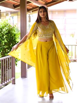 Chhabra 555 - Women Yellow Sequined Work Crop-Top with Palazzo and Shrug