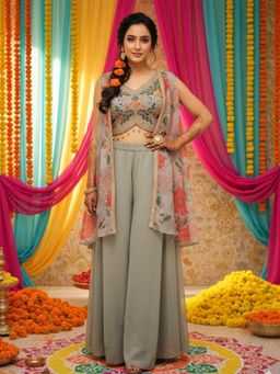Chhabra 555 - Women Olive Floral Embroidered Crop-Top with Palazzo and Shrug