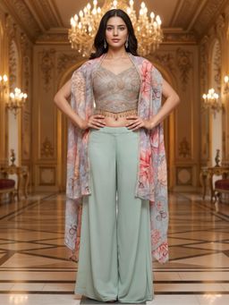Chhabra 555 - Women Green Printed Sequined Work Crop-Top with Palazzo and Shrug
