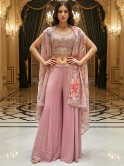 Chhabra 555 - Women Pink Embroidered Sequined Work Crop-Top with Palazzo and Shrug