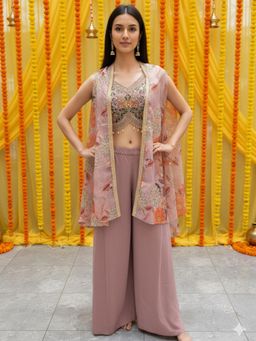 Chhabra 555 - Women Pink Floral Embroidered Crop-Top with Palazzo and Shrug