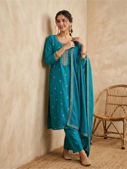 Koskii - Women Blue Zari Embroidered Kurta with Pant and Dupatta