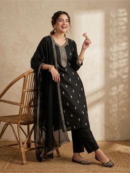 Koskii - Women Black Zari Embroidered Kurta with Pant and Dupatta
