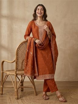 Koskii - Women Rust Embroidered Sequined Work Kurta with Pant and Dupatta