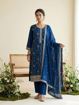 Koskii - Women Blue Embroidered Sequined Work Kurta with Pant and Dupatta