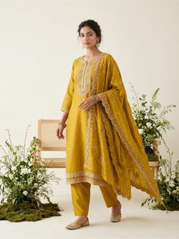 Koskii - Women Mustard Floral Embroidered Kurta with Pant and Dupatta