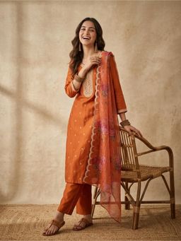 Koskii - Women Orange Embroidered Sequined Work Kurta with Pant and Dupatta