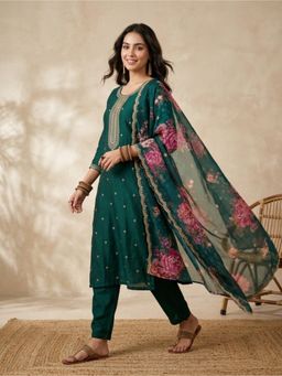 Koskii - Women Green Embroidered Sequined Work Kurta with Pant and Dupatta