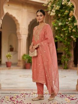 Koskii - Women Peach Zari Embroidered Kurta with Pant and Dupatta