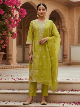 Koskii - Women Green Embroidered Sequined Work Kurta with Pant and Dupatta