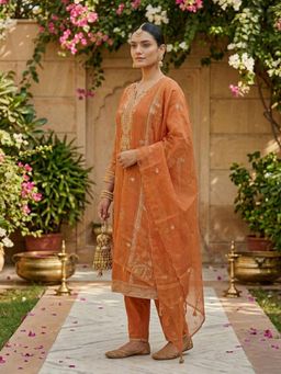 Koskii - Women Orange Embroidered Sequined Work Kurta with Pant and Dupatta