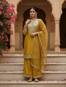 Koskii - Women Mustard Embroidered Sequined Work Kurta with Palazzo and Dupatta