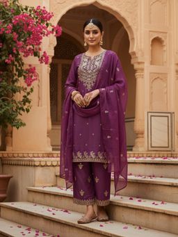 Koskii - Women Wine Embroidered Sequined Work Kurta with Palazzo and Dupatta