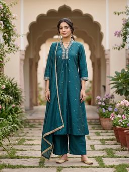Koskii - Women Teal Floral Embroidered Kurta with Pant and Dupatta