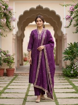 Koskii - Women Wine Floral Embroidered Kurta with Pant and Dupatta