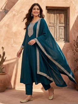Koskii - Women Teal Zari Embroidered Anarkali Kurta with Pant and Dupatta