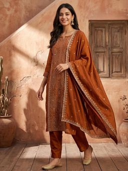 Koskii - Women Copper Embroidered Thread Work Kurta with Pant and Dupatta