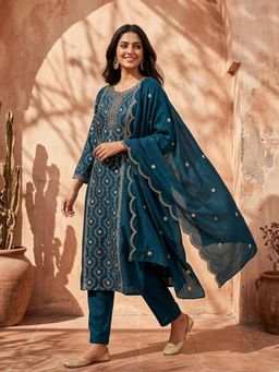 Koskii - Women Navy Blue Embroidered Thread Work Kurta with Pant and Dupatta