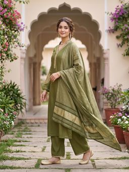 Koskii - Women Olive Zari Embroidered Kurta with Palazzo and Dupatta