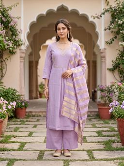 Koskii - Women Lavender Embroidered Kurta with Palazzo and Dupatta