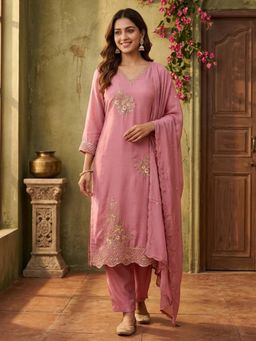 Koskii - Women Pink Floral Embroidered Kurta with Pant and Dupatta