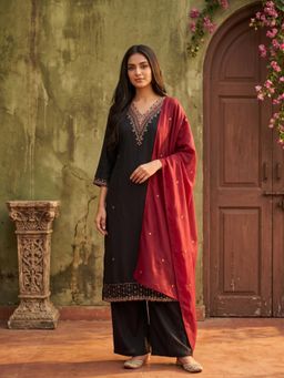 Koskii - Women Black Zari Embroidered Kurta with Pant and Dupatta