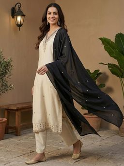 Koskii - Women Cream Zari Embroidered Kurta with Pant and Dupatta