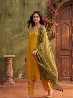 Koskii - Women Yellow Embroidered Thread Work Kurta with Pant and Dupatta