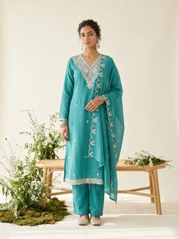 Koskii - Women Turquoise Embroidered Sequined Work Kurta with Pant and Dupatta
