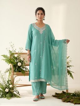 Koskii - Women Blue Embroidered Sequined Work Kurta with Pant and Dupatta