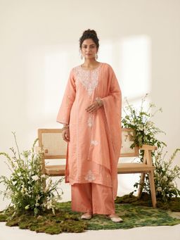 Koskii - Women Peach Embroidered Thread Work Kurta with Palazzo and Dupatta