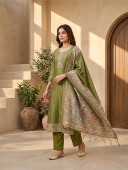 Koskii - Women Olive Printed Beads Kurta with Pant and Dupatta