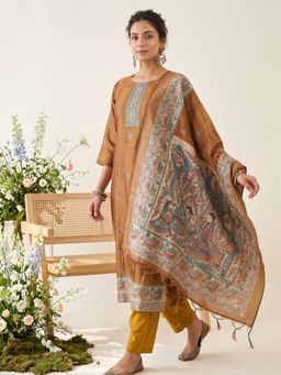 Koskii - Women Brown Printed Beads Kurta with Pant and Dupatta