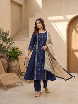 Koskii - Women Navy Blue Embroidered Thread Work Kurta with Pant and Dupatta