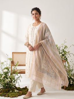 Koskii - Women Cream Floral Embroidered Kurta with Pant and Dupatta