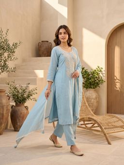 Koskii - Women Blue Floral Embroidered Kurta with Pant and Dupatta