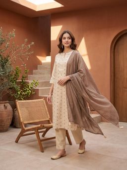 Koskii - Women Beige Floral Embroidered Kurta with Pant and Dupatta