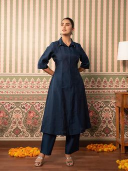 ARAMYA - Women Navy Blue Solid Sequined Work Kurta with Pant
