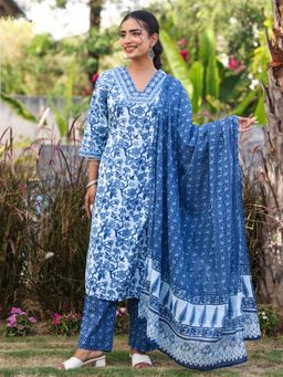 ARAMYA - Women Blue Floral Printed Kurta with Pant and Dupatta