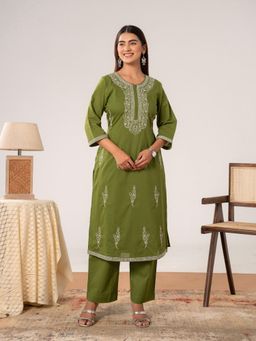 ARAMYA - Women Olive Embroidered Thread Work Kurta with Pant