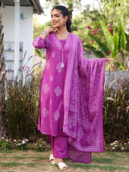 ARAMYA - Women Purple Floral Printed Kurta with Pant and Dupatta