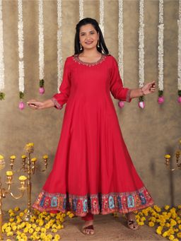 ARAMYA - Women Red Solid Beads Anarkali Kurta with Pant