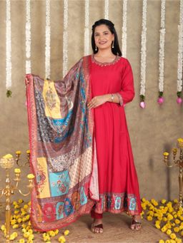 ARAMYA - Women Red Solid Beads Work Anarkali Kurta with Pant and Dupatta