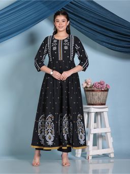ARAMYA - Women Black Geometric Printed Kurta with Pant
