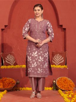 ARAMYA - Women Mauve Floral Printed Kurta with Palazzo