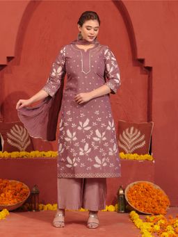 ARAMYA - Women Mauve Floral Printed Kurta with Palazzo and Dupatta